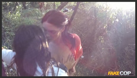 bad lands outdoor threesome with two big pairs of tits