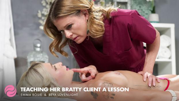 AllGirlMassage 25 09 15 Emma Rosie And Reya Lovenlight Teaching Her Bratty Client A Lesson